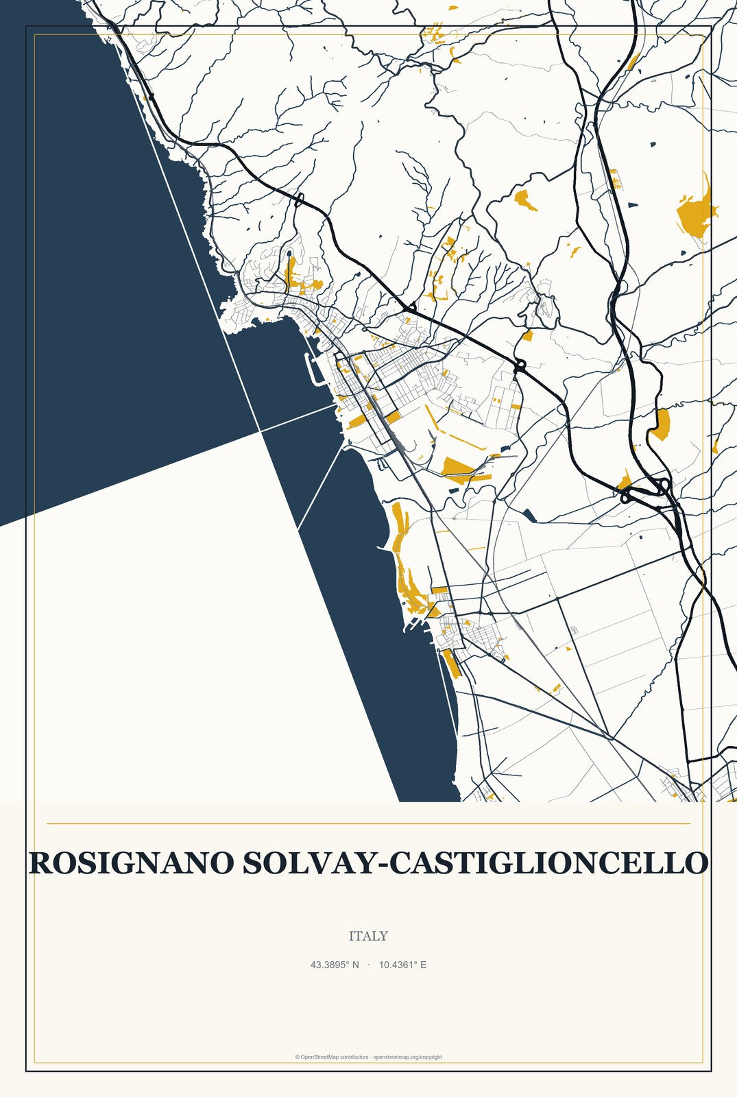 Rosignano Solvay-Castiglioncello, Italy City Map Aluminum Sign in Citrine Modern style