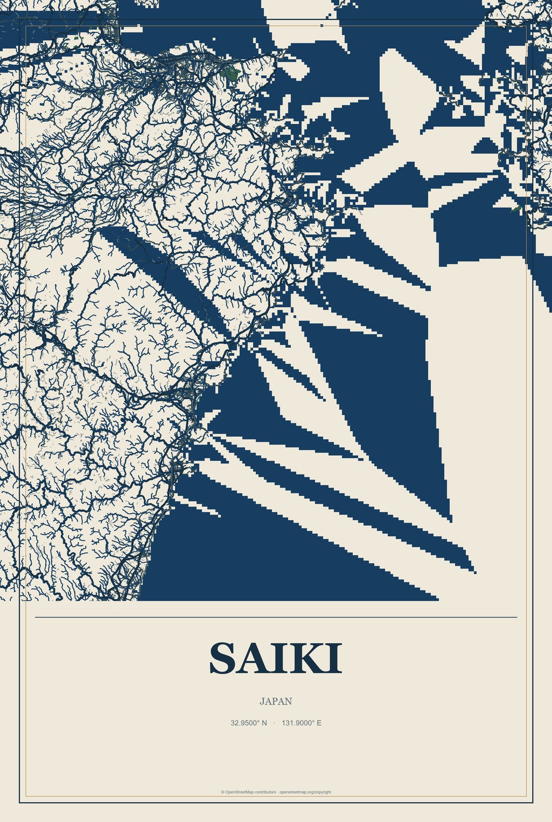 Saiki, Japan City Map Aluminum Sign in Coastal Cutout style
