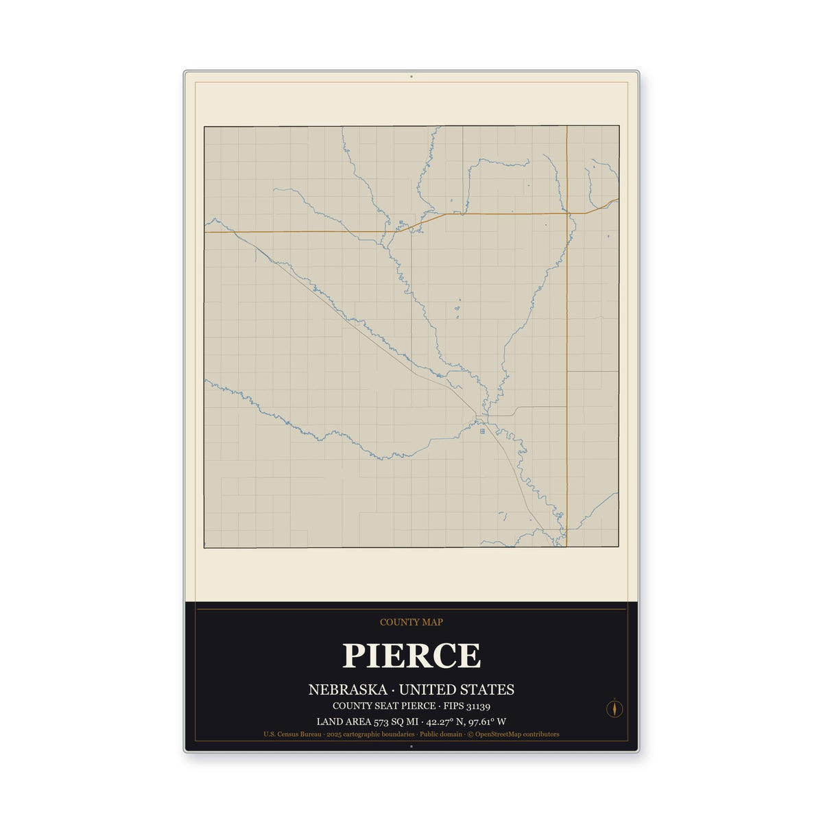 Pierce County, Nebraska Map Aluminum Sign in Museum Plaque style