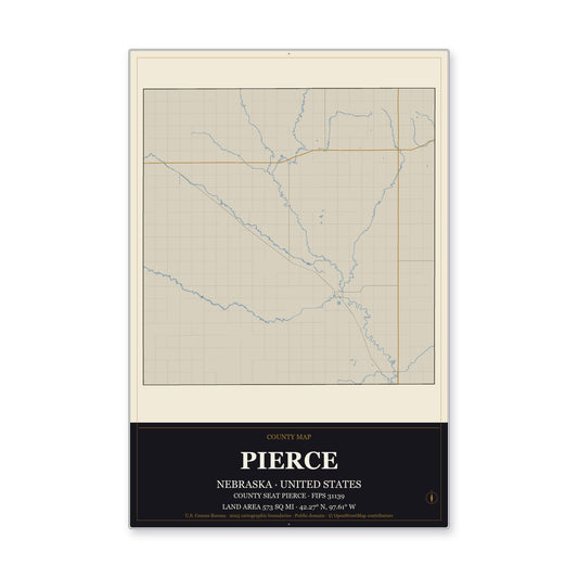 Pierce County, Nebraska Map Aluminum Sign in Museum Plaque style