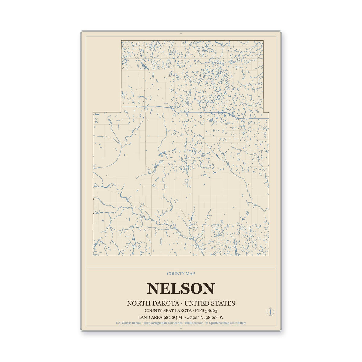 Nelson County, North Dakota Map Aluminum Sign in Heritage Nautical style