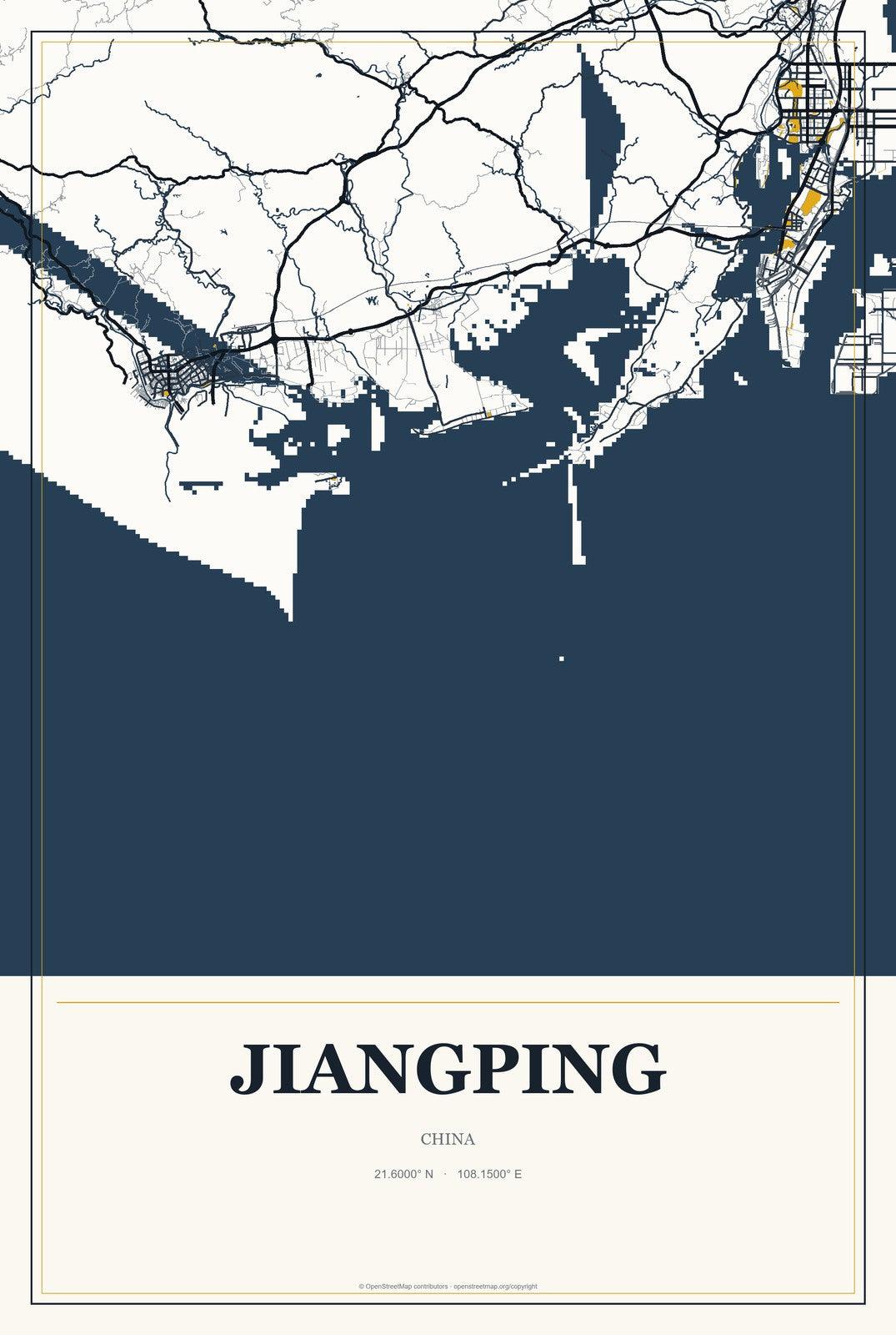 Jiangping, China City Map Aluminum Sign in Citrine Modern style