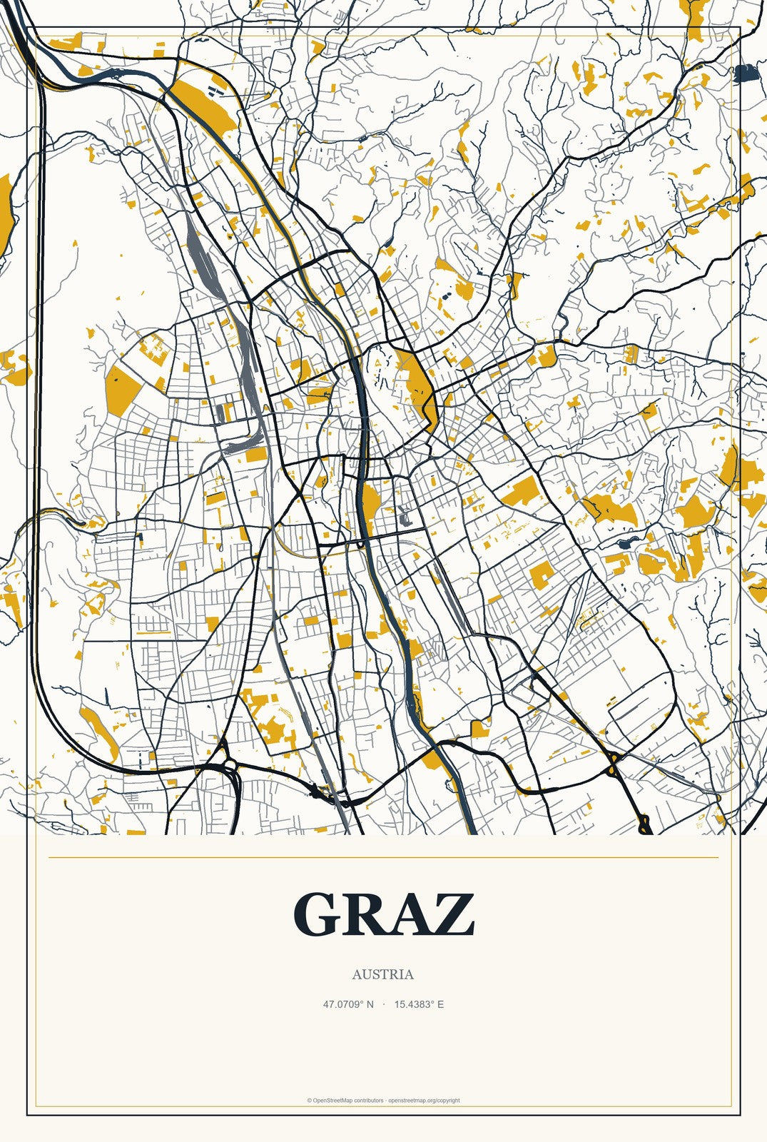 Graz, Austria City Map Aluminum Sign in Citrine Modern style