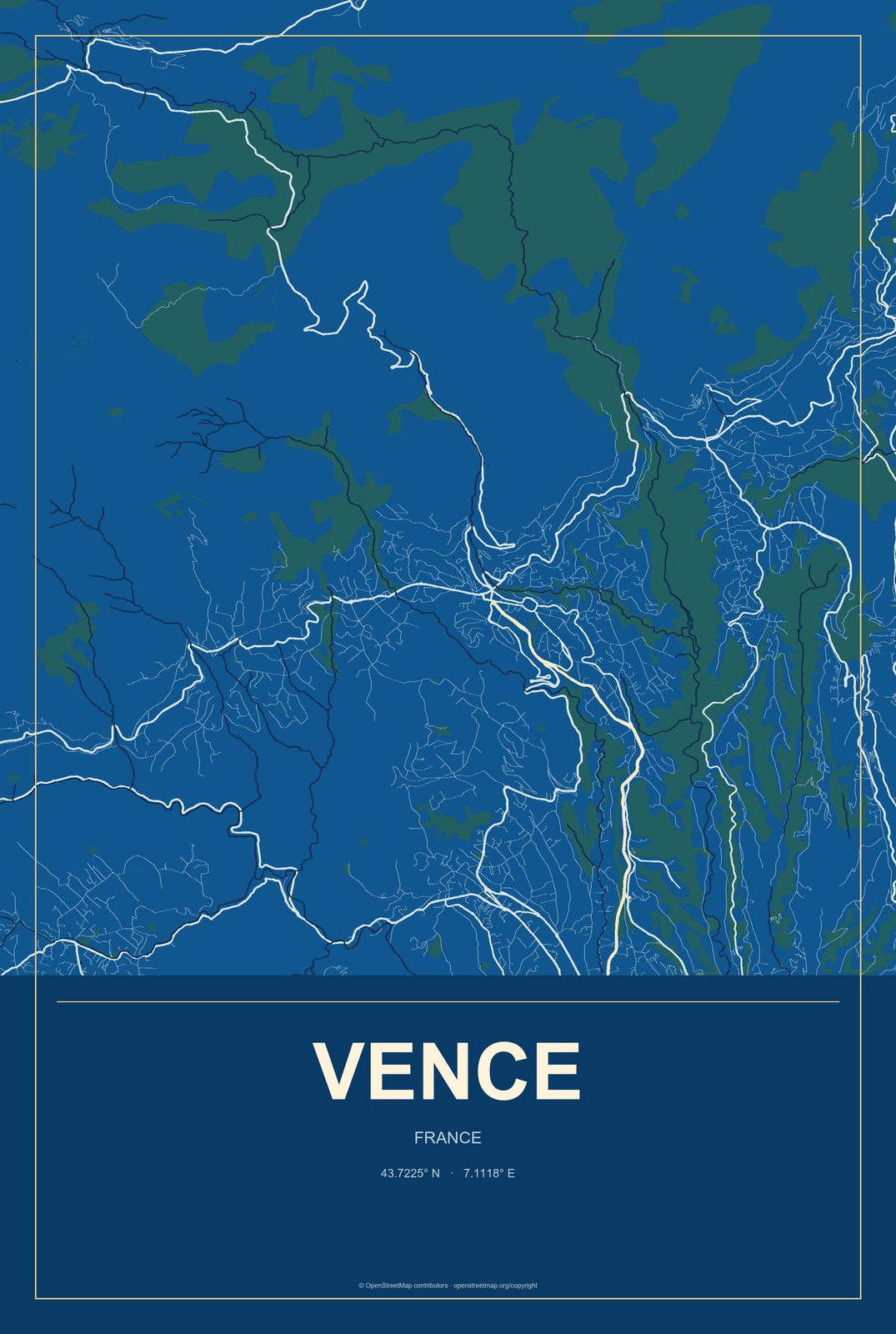 Vence, France City Map Aluminum Sign in Harbor Cobalt style