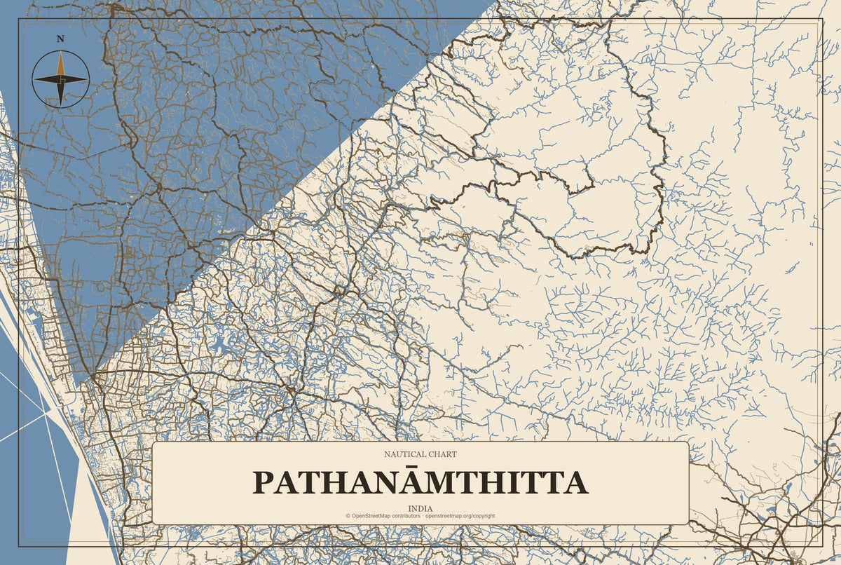 Pathanāmthitta, India City Map Aluminum Sign in Heritage Nautical style