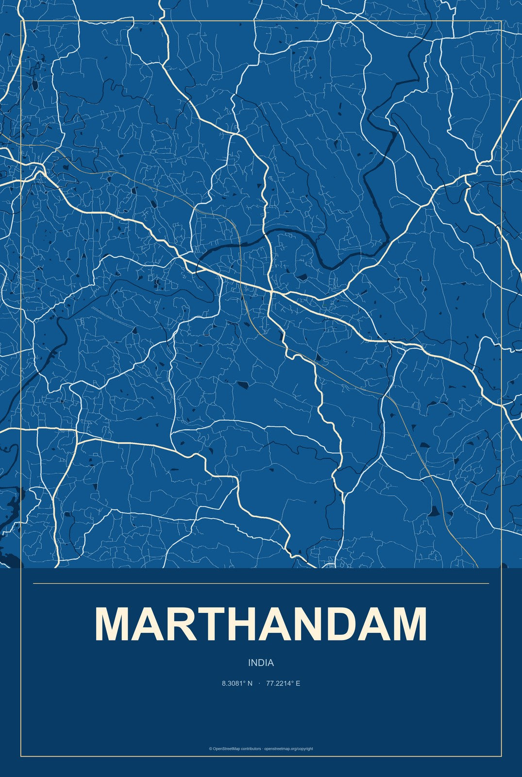 Marthandam, India City Map Aluminum Sign in Harbor Cobalt style