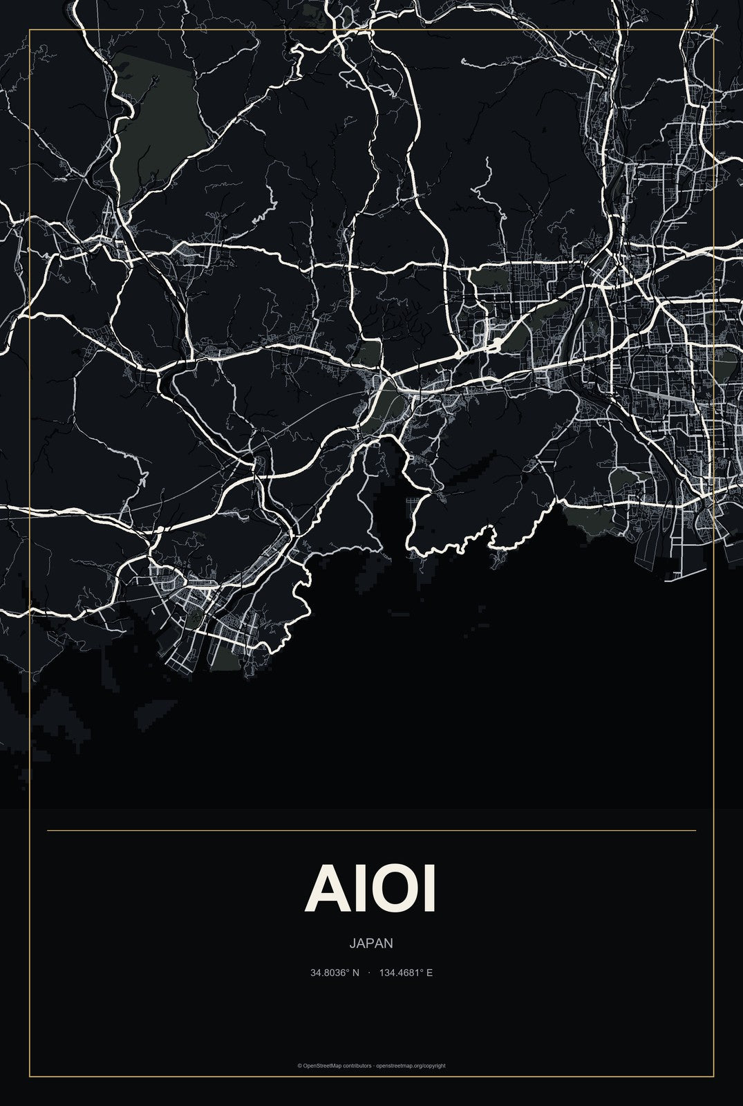 Aioi, Japan City Map Aluminum Sign in Metropolitan Noir style