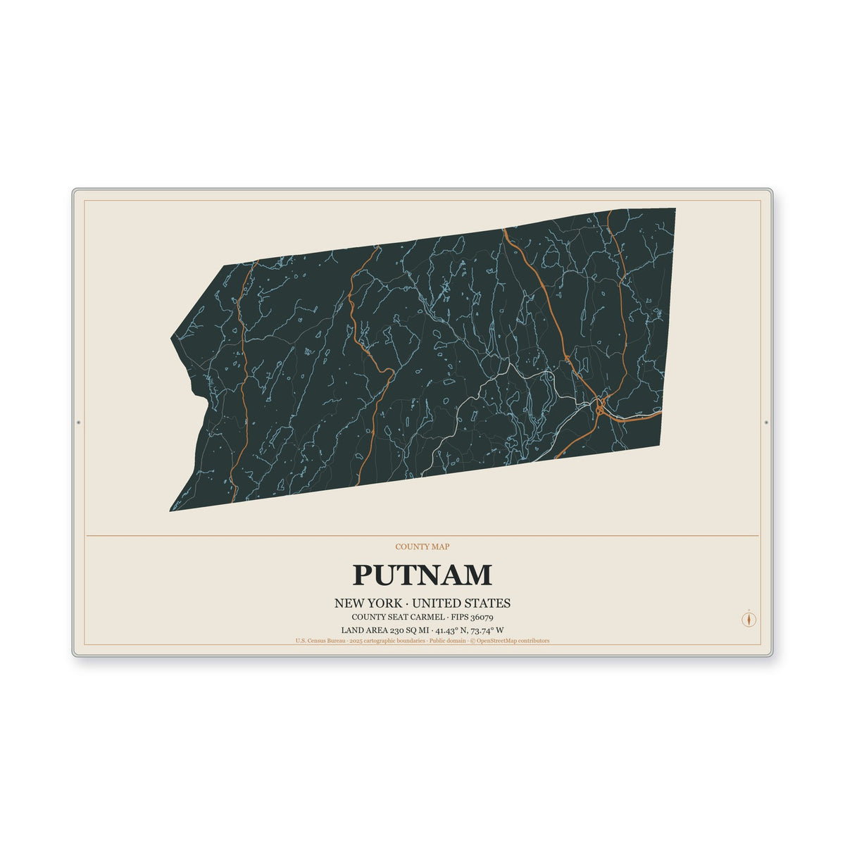 Putnam County, New York Map Aluminum Sign in Headline Atlas style