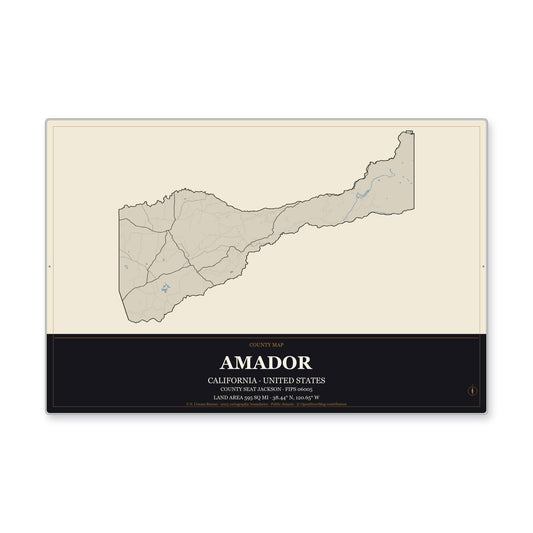 Amador County, California Map Aluminum Sign in Museum Plaque style