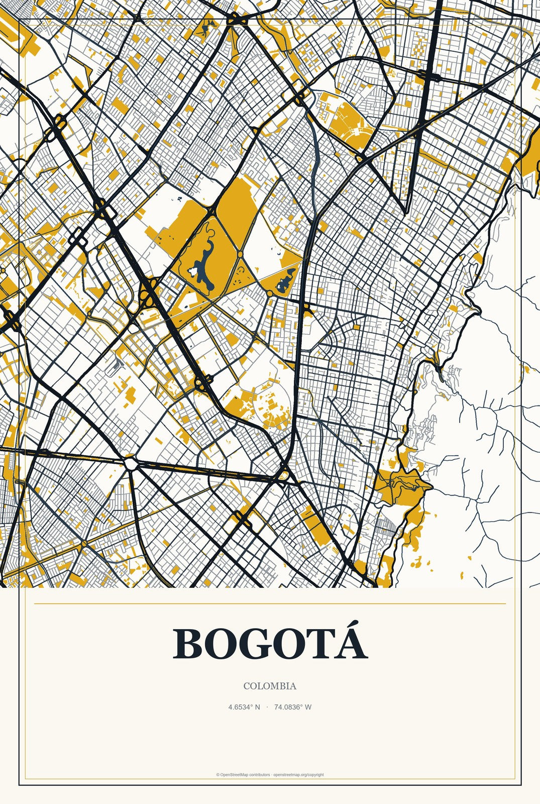 Bogotá, Colombia City Map Aluminum Sign in Citrine Modern style