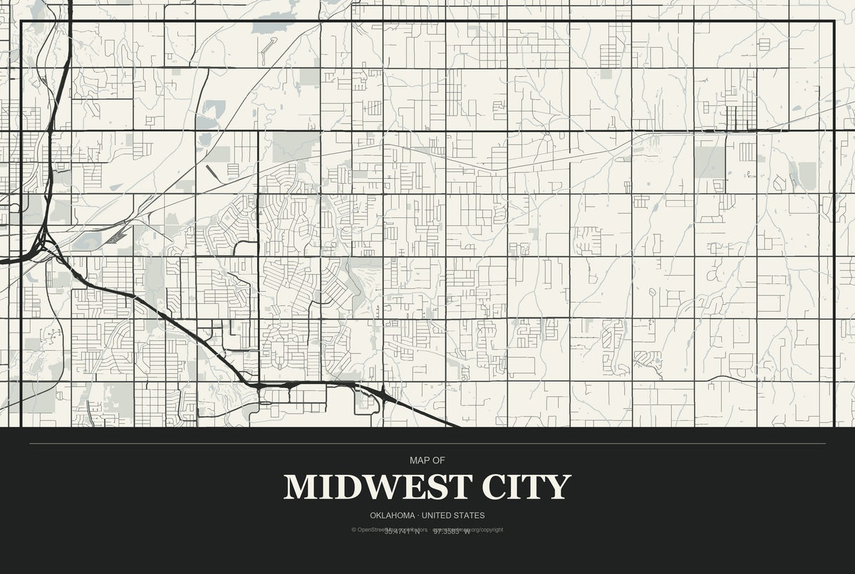 Midwest City, Oklahoma City Map Aluminum Sign in Museum Plaque style
