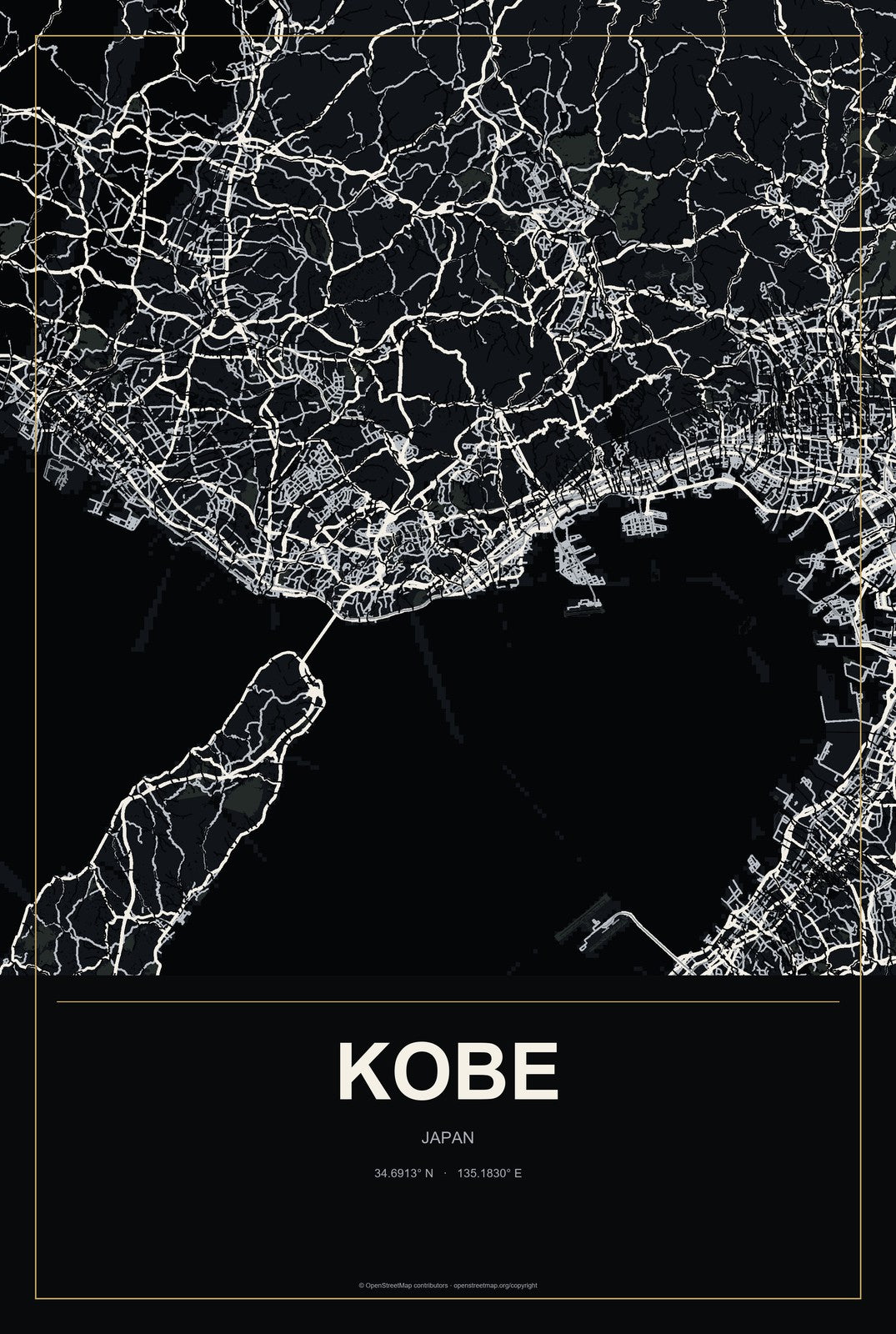 Kobe, Japan City Map Aluminum Sign in Metropolitan Noir style