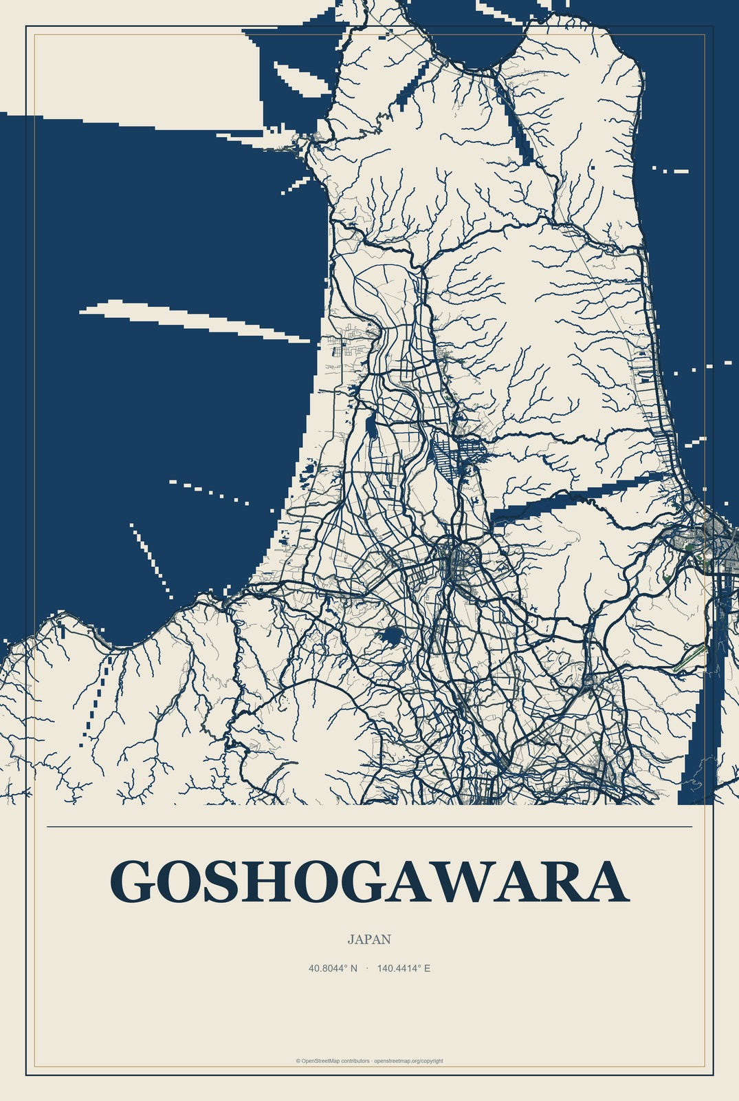 Goshogawara, Japan City Map Aluminum Sign in Coastal Cutout style