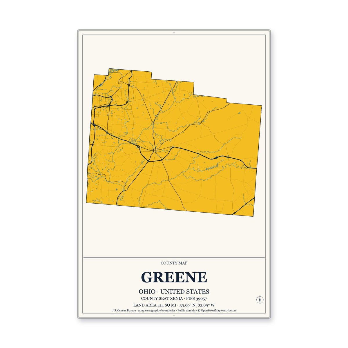 Greene County, Ohio Map Aluminum Sign in Citrine Modern style