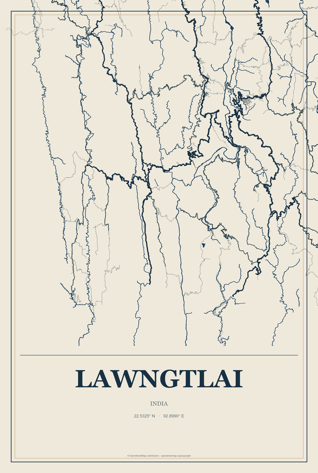 Lawngtlai, India City Map Aluminum Sign in Coastal Cutout style