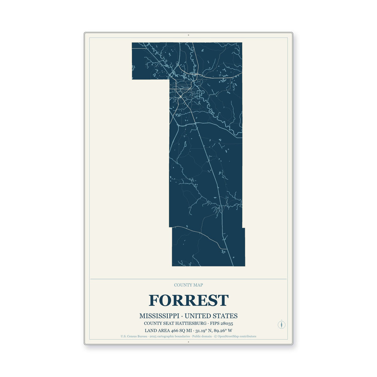 Forrest County, Mississippi Map Aluminum Sign in Coastal Cutout style