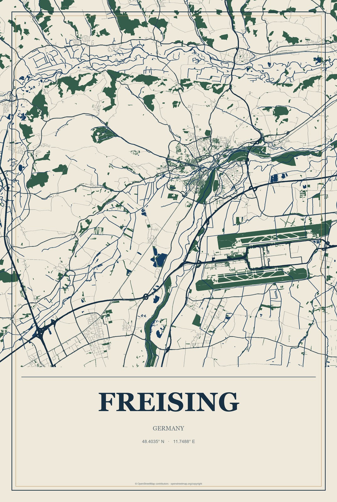 Freising, Germany City Map Aluminum Sign in Coastal Cutout style