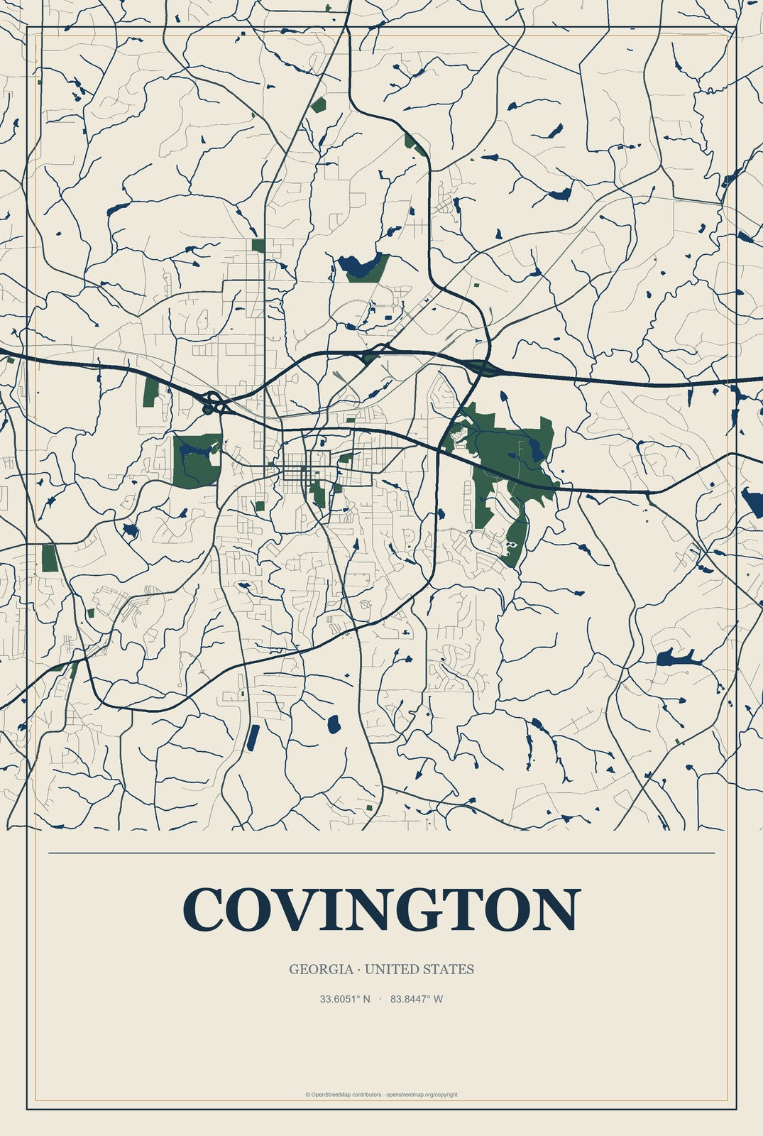 Covington, Georgia City Map Aluminum Sign in Coastal Cutout style