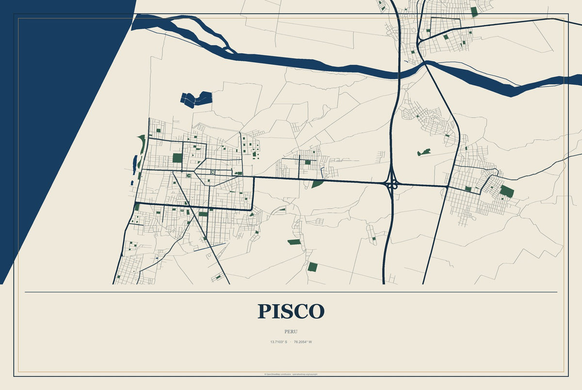 Pisco, Peru City Map Aluminum Sign in Coastal Cutout style