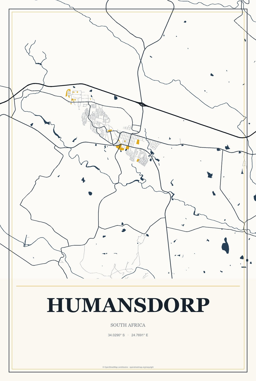 Humansdorp, South Africa City Map Aluminum Sign in Citrine Modern style