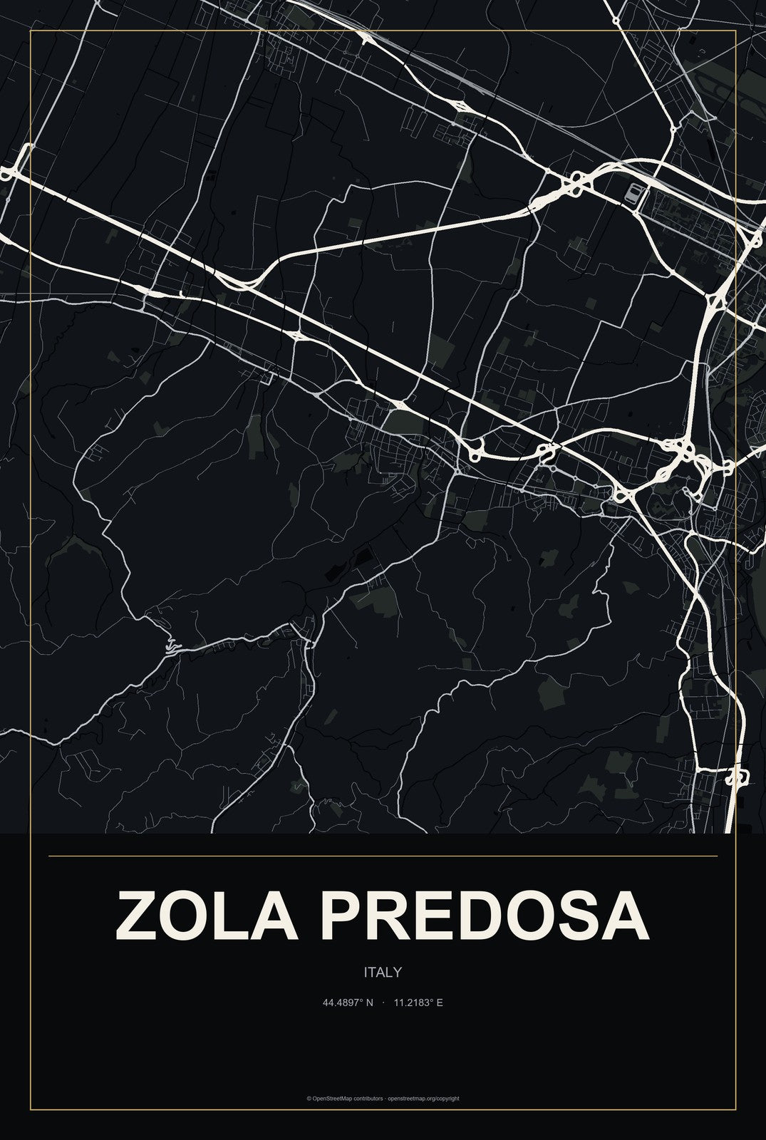 Zola Predosa, Italy City Map Aluminum Sign in Metropolitan Noir style