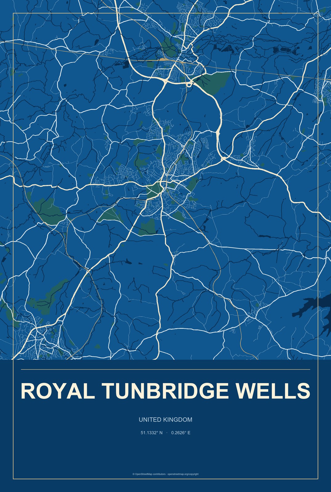 Royal Tunbridge Wells, United Kingdom City Map Aluminum Sign in Harbor Cobalt style