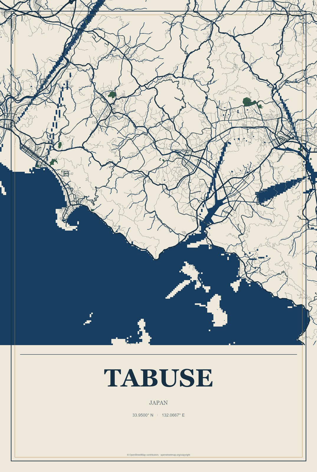 Tabuse, Japan City Map Aluminum Sign in Coastal Cutout style