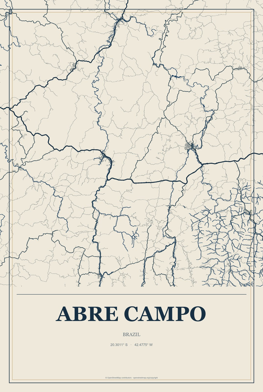 Abre Campo, Brazil City Map Aluminum Sign in Coastal Cutout style