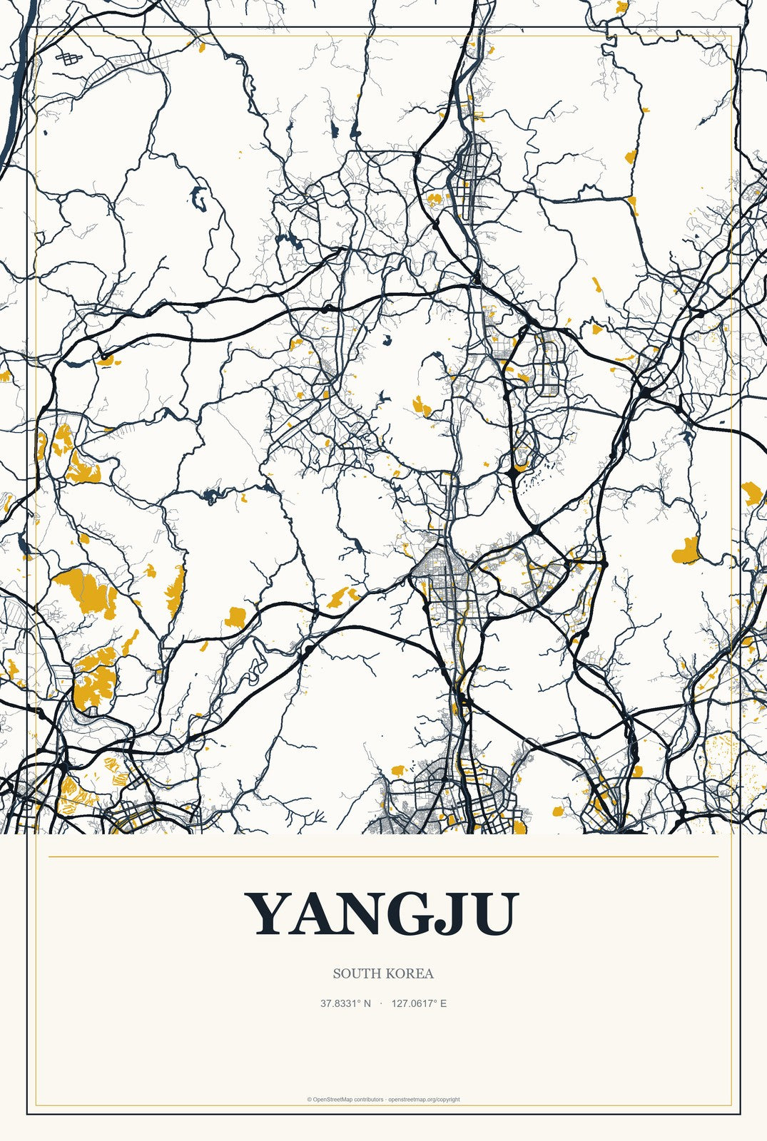 Yangju, South Korea City Map Aluminum Sign in Citrine Modern style