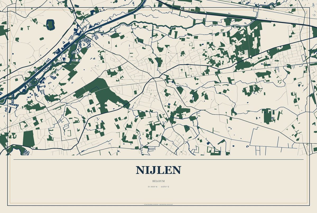Nijlen, Belgium City Map Aluminum Sign in Coastal Cutout style
