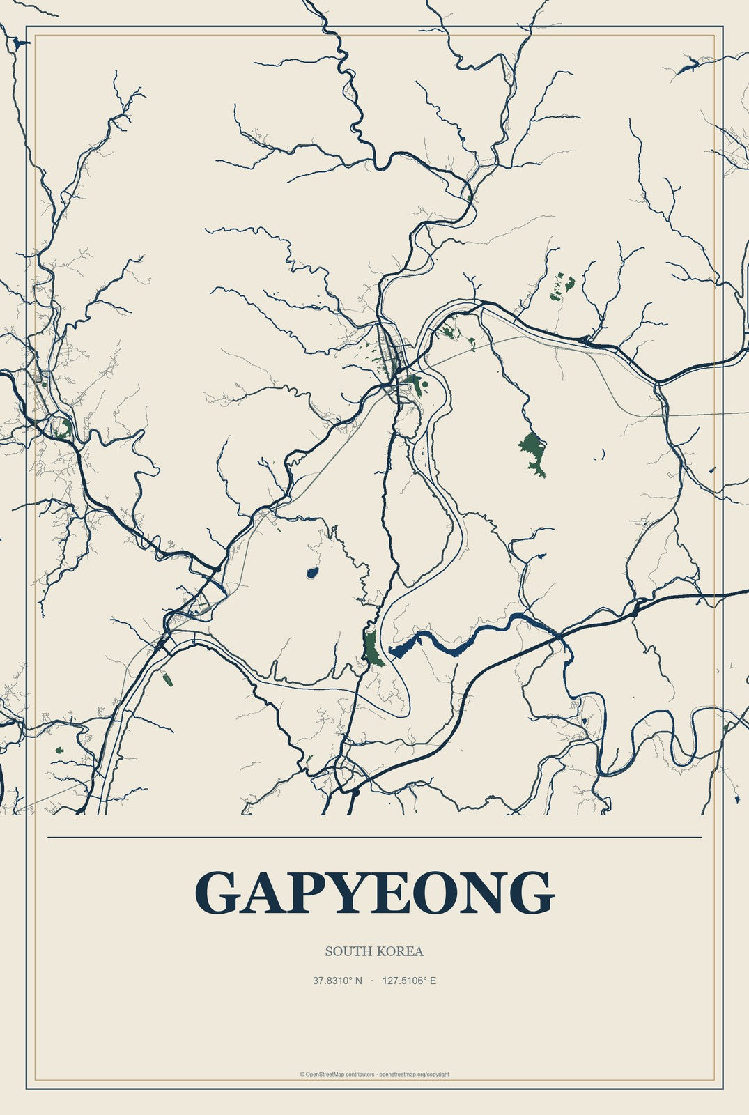 Gapyeong, South Korea City Map Aluminum Sign in Coastal Cutout style