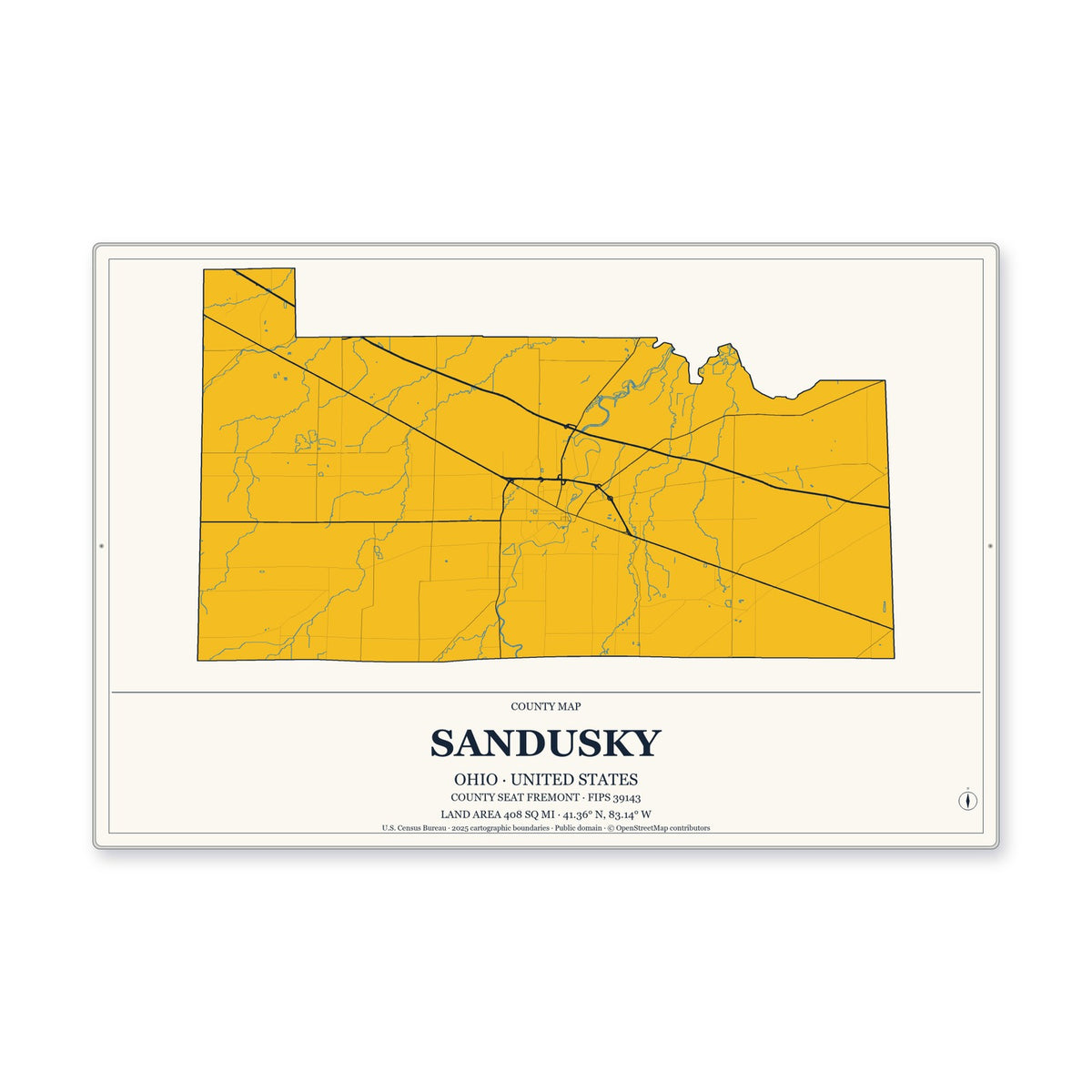 Sandusky County, Ohio Map Aluminum Sign in Citrine Modern style