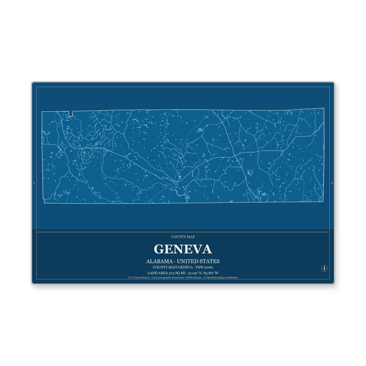Geneva County, Alabama Map Aluminum Sign in Harbor Cobalt style