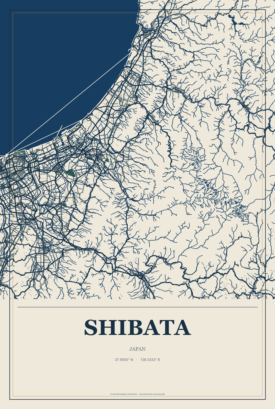 Shibata, Japan City Map Aluminum Sign in Coastal Cutout style