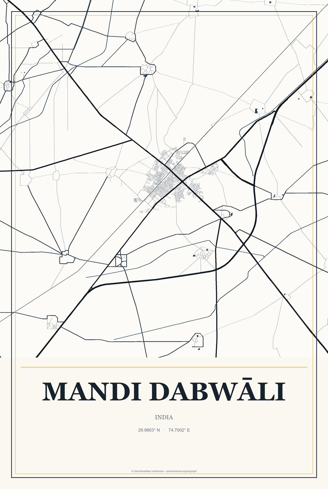 Mandi Dabwāli, India City Map Aluminum Sign in Citrine Modern style