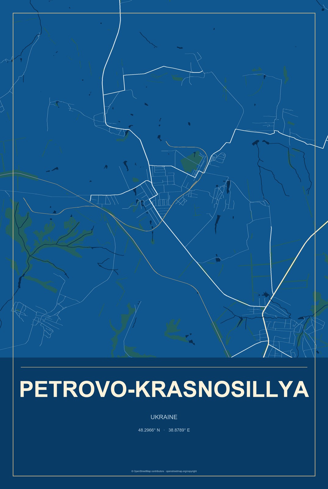 Petrovo-Krasnosillya, Ukraine City Map Aluminum Sign in Harbor Cobalt style