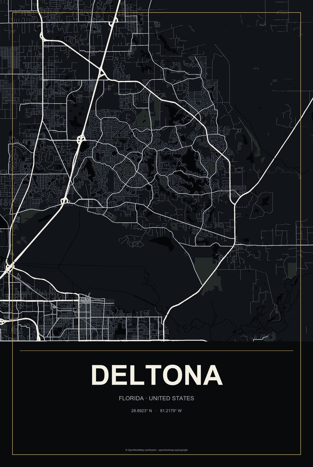 Deltona, Florida City Map Aluminum Sign in Metropolitan Noir style