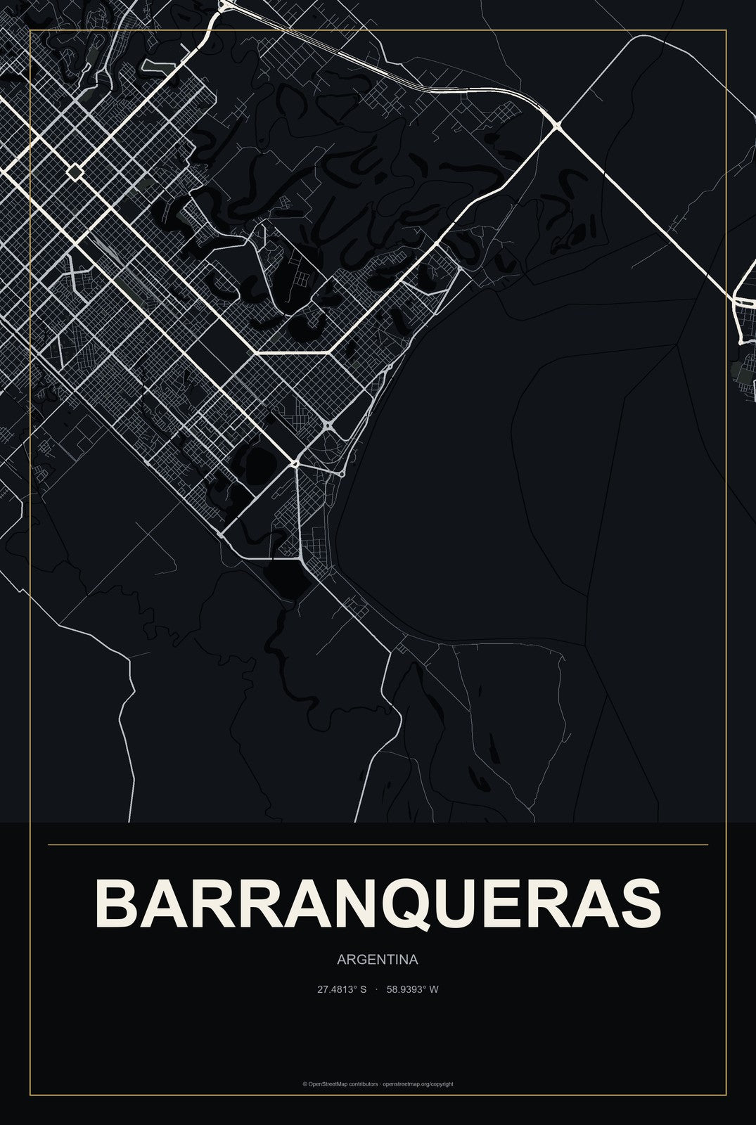 Barranqueras, Argentina City Map Aluminum Sign in Metropolitan Noir style