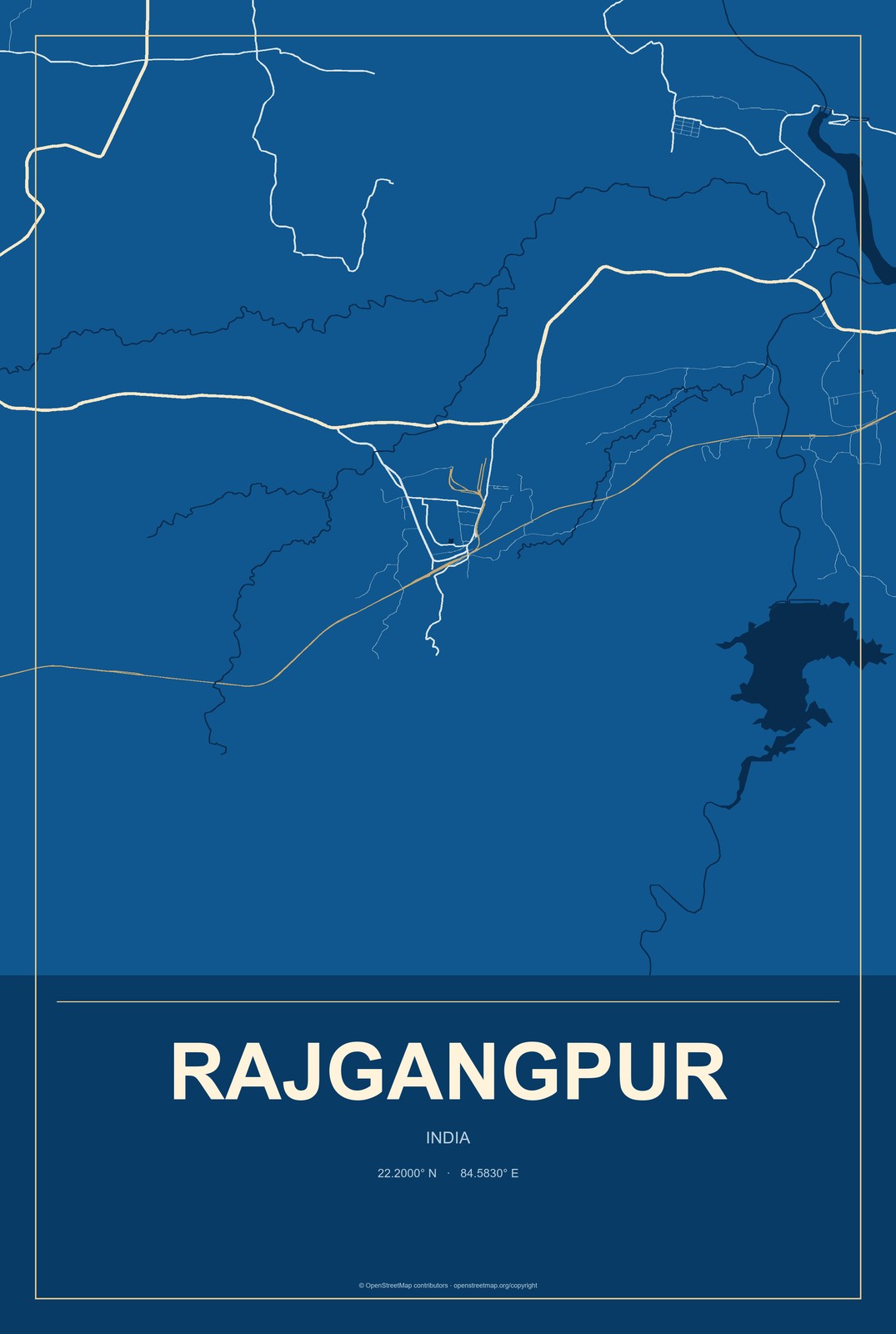 Rajgangpur, India City Map Aluminum Sign in Harbor Cobalt style