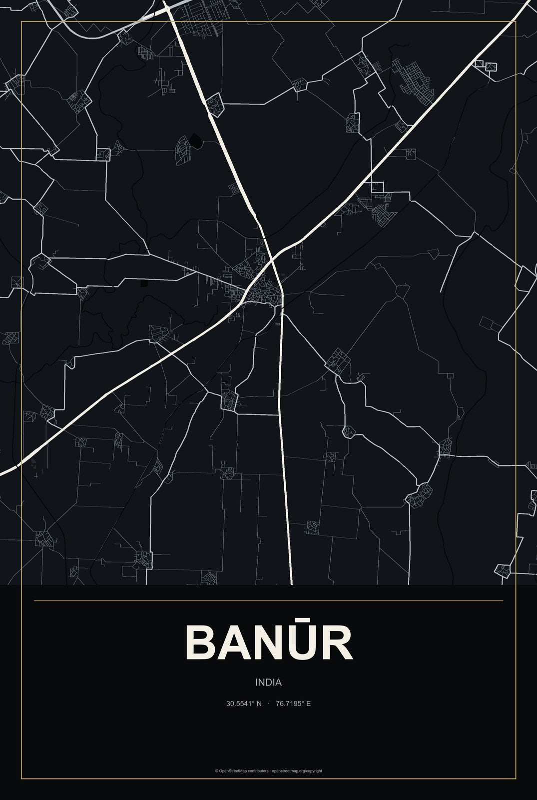 Banūr, India City Map Aluminum Sign in Metropolitan Noir style