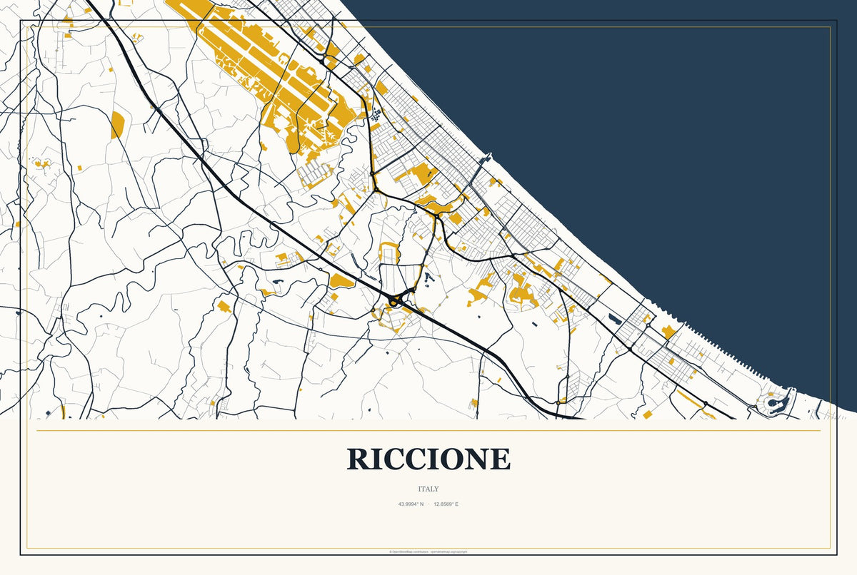 Riccione, Italy City Map Aluminum Sign in Citrine Modern style