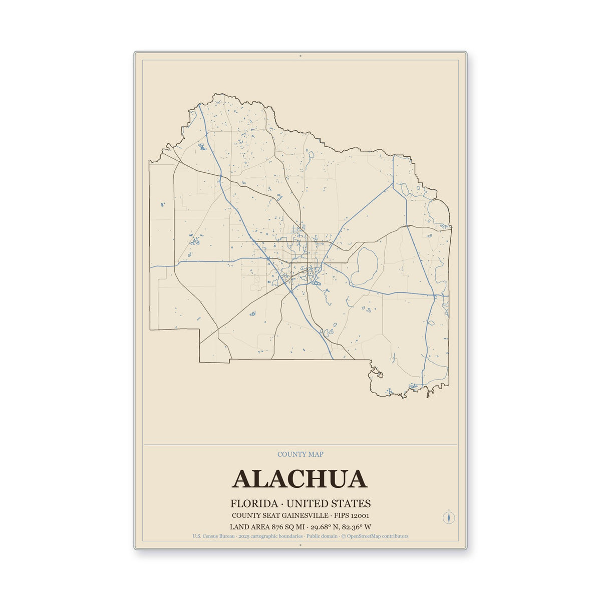 Alachua County, Florida Map Aluminum Sign in Heritage Nautical style