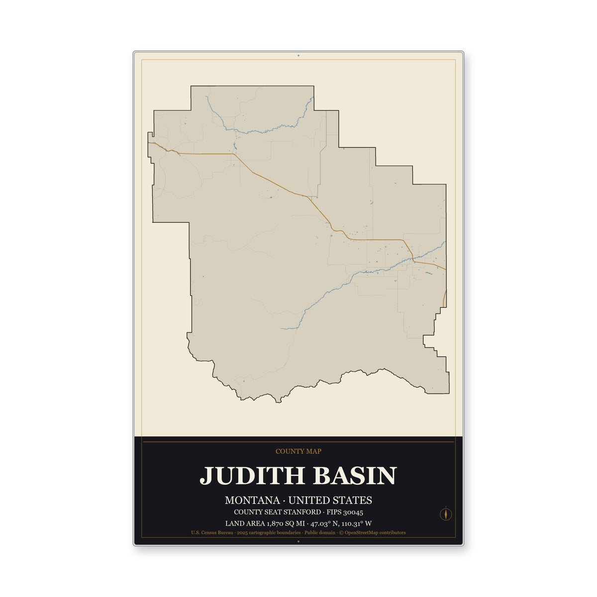 Judith Basin County, Montana Map Aluminum Sign in Museum Plaque style