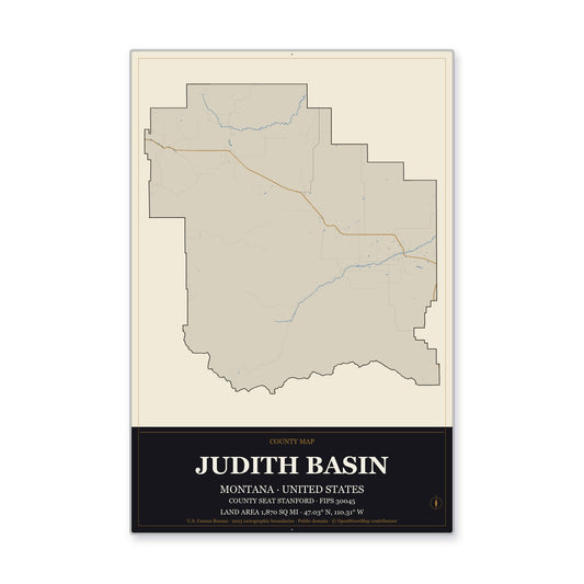Judith Basin County, Montana Map Aluminum Sign in Museum Plaque style