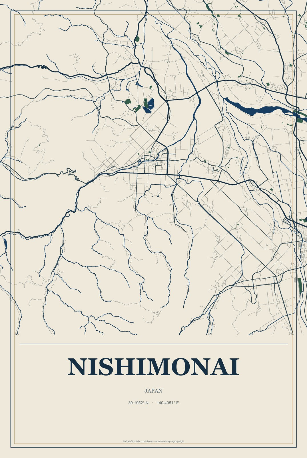 Nishimonai, Japan City Map Aluminum Sign in Coastal Cutout style