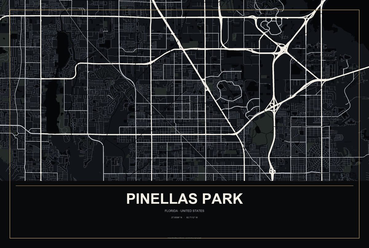Pinellas Park, Florida City Map Aluminum Sign in Metropolitan Noir style