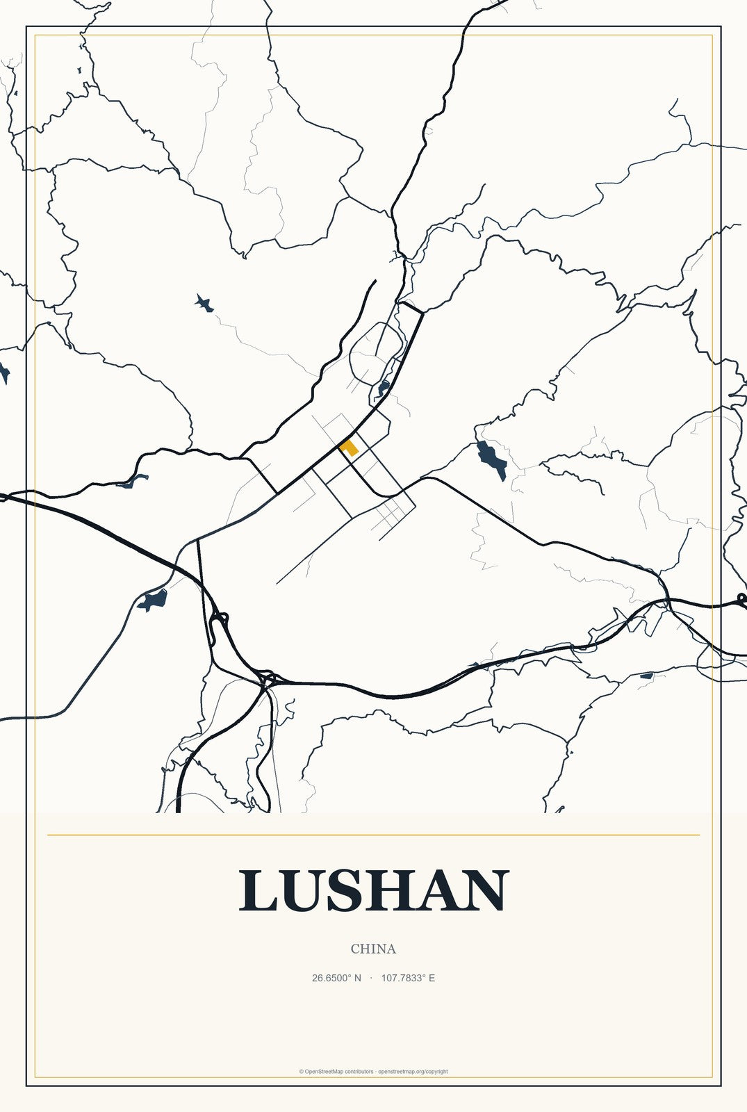 Lushan, China City Map Aluminum Sign in Citrine Modern style