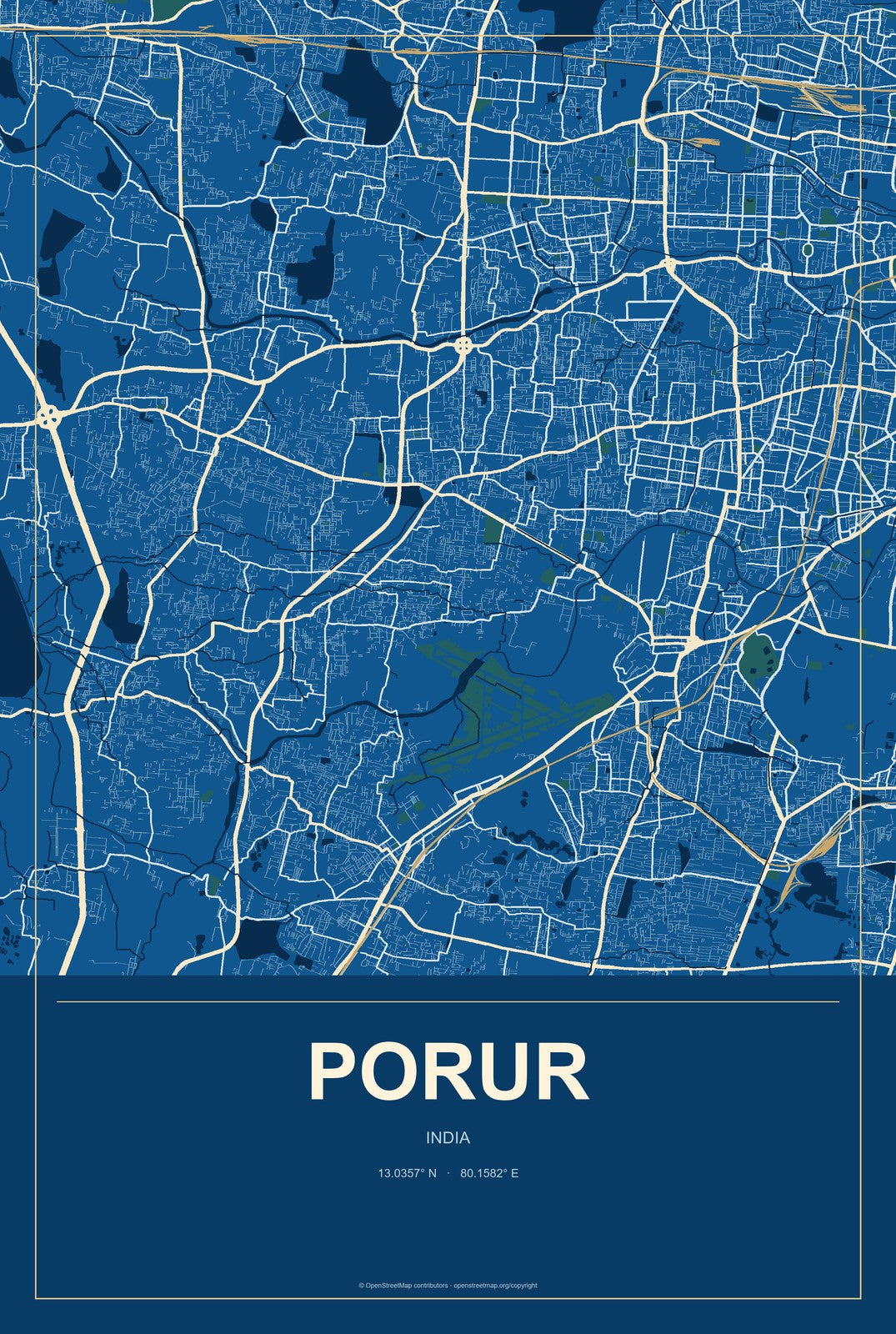 Porur, India City Map Aluminum Sign in Harbor Cobalt style