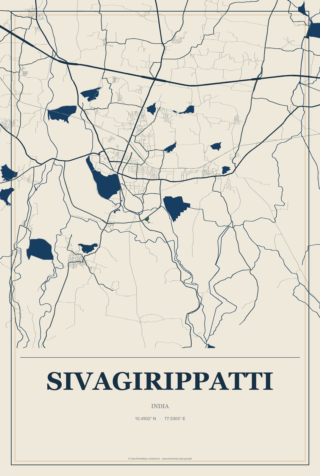 Sivagirippatti, India City Map Aluminum Sign in Coastal Cutout style