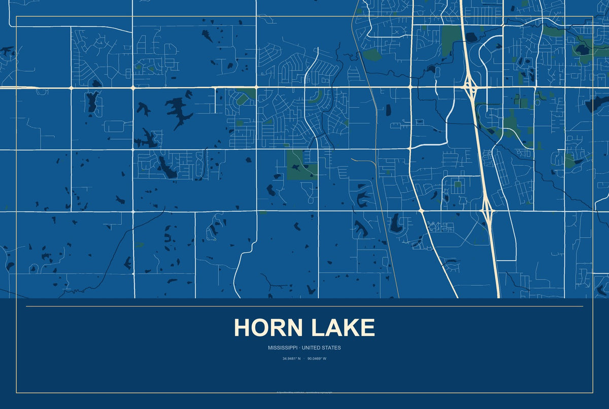 Horn Lake, Mississippi City Map Aluminum Sign in Harbor Cobalt style